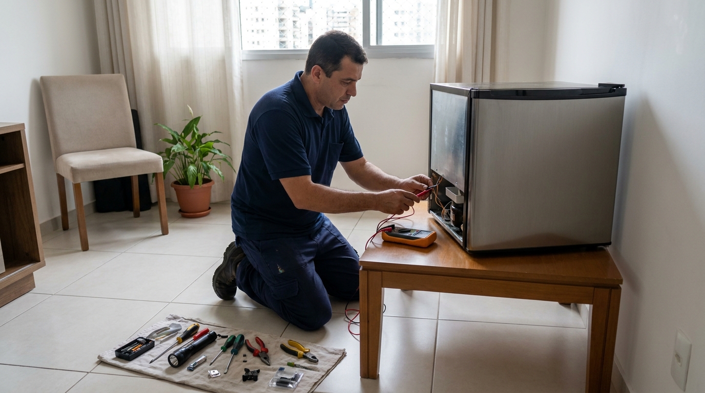 Técnico fazendo manutenção do motor de frigobar em Canoas‑RS