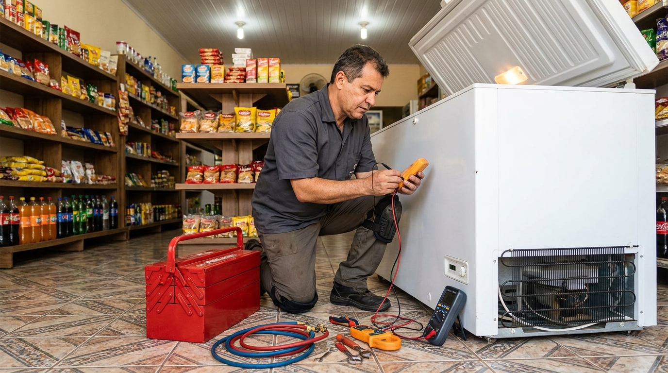 Recarga de gás refrigerante no freezer durante atendimento em Canoas‑RS