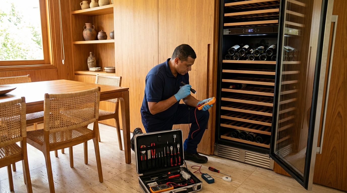Substituição de termostato em adega climatizada em visita técnica em Canoas‑RS
